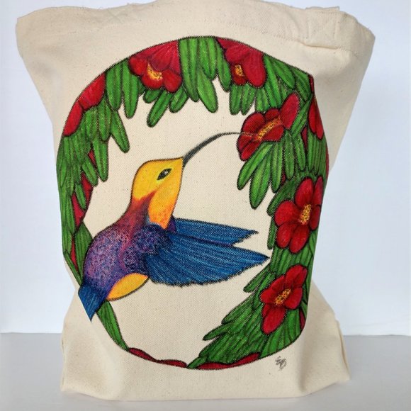 Handmade Painted Tote Bag Blue & Gold Hummingbird in Red Flowers 13.5x13.5x3.5 - Picture 2 of 16